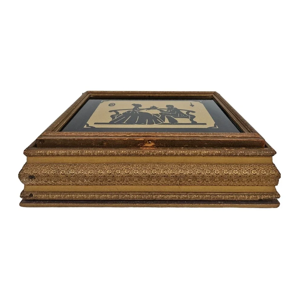 Vintage Silhouette Jewelry Box Wood Glass Top Love Scene Keepsake Victorian